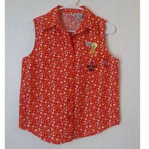 Y2K Looney Tunes Tweety Floral Red Tanks Shirt Button Up Women Small Embroidery